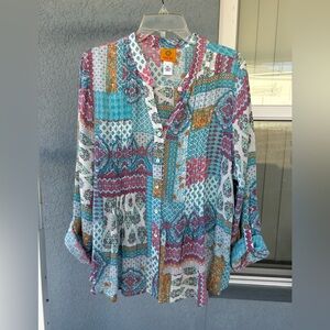 Ruby Rd. Patchwork Boho V-neck Pleats Paisley Button Front Roll Tab Top Size XL